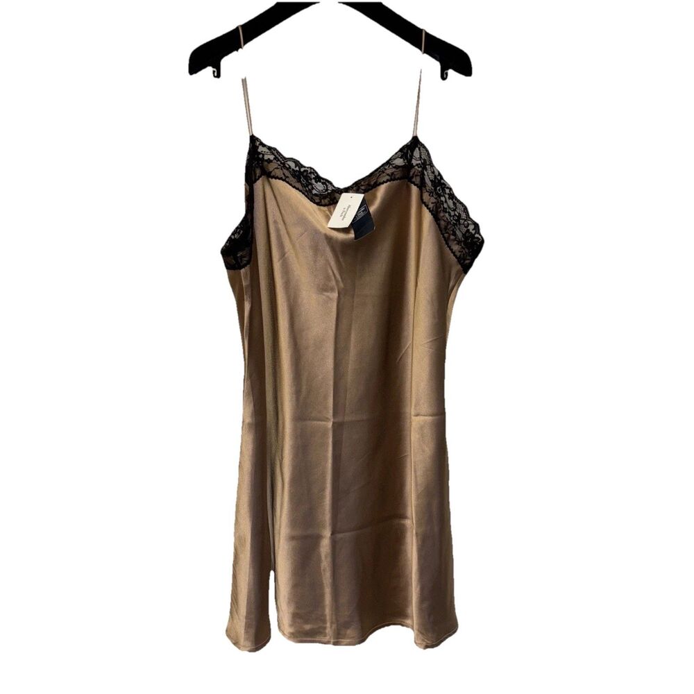 Abercrombie Fitch Brown Black Lace Trim Satin Slip Dress Mini XL New Lined Strap